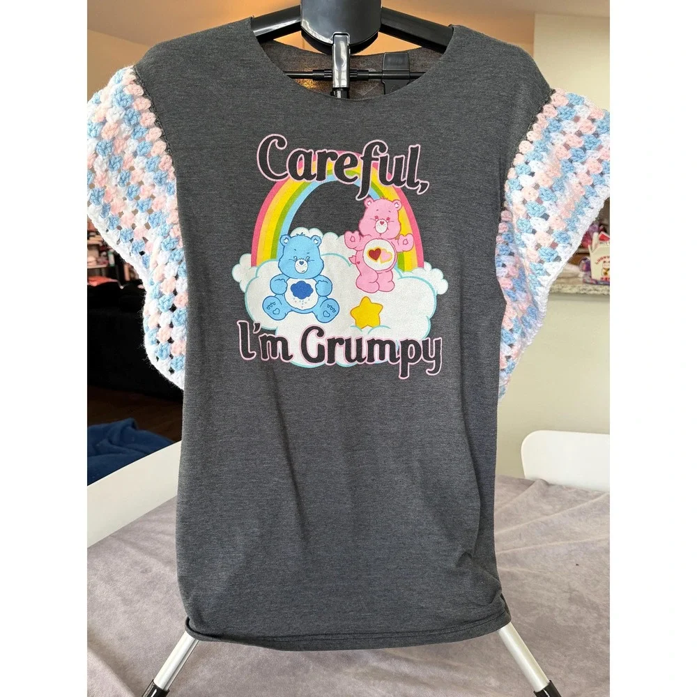One of a Kind Upcycled Care Bears Graphic Tee with Hand Crocheted Sleeves Large